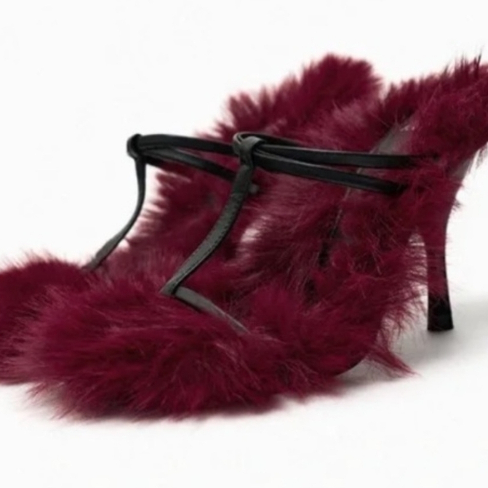 ZARA Red and Black T-Strap Heels with Furry Texture